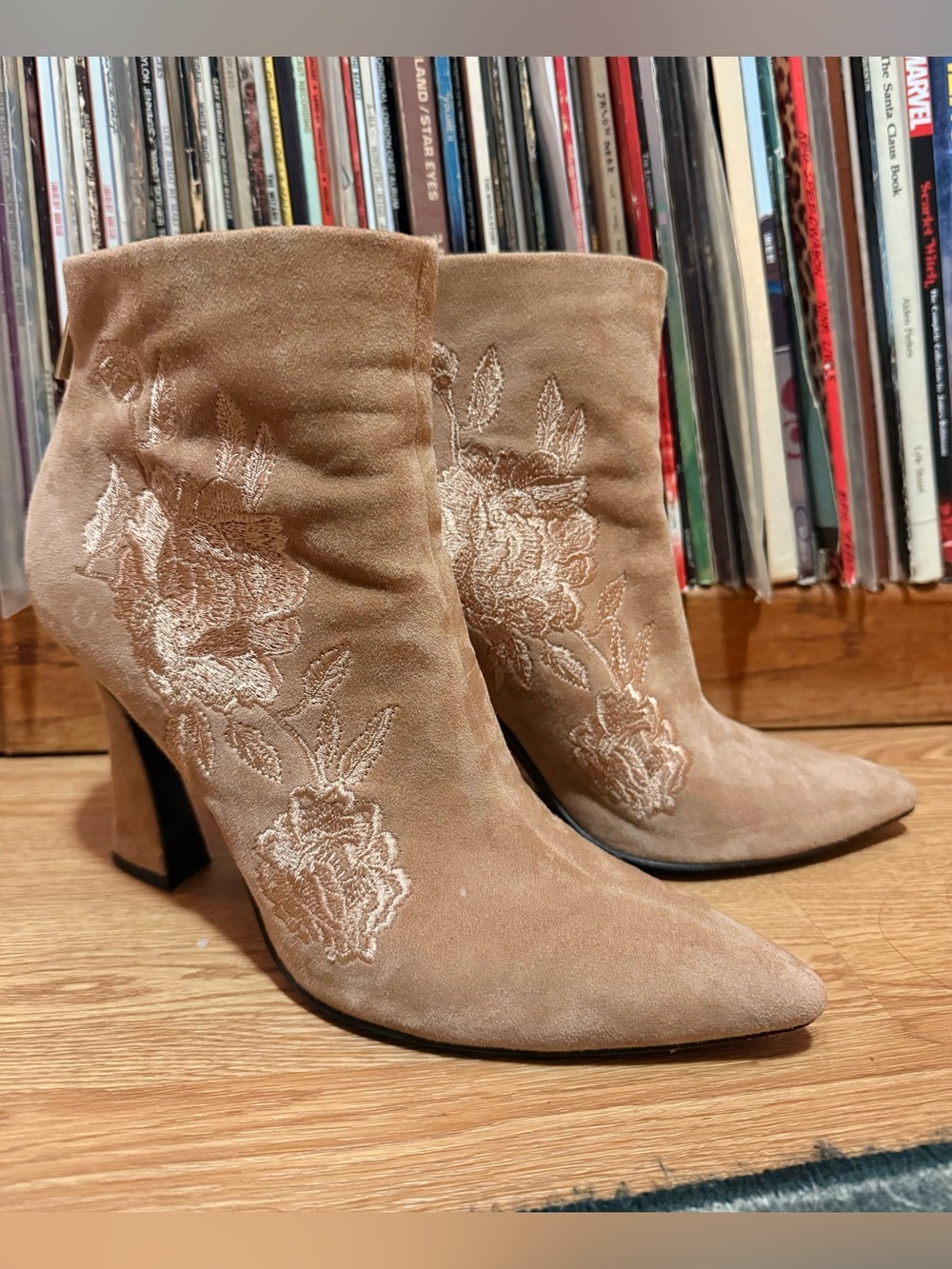 Natori Taupe Suede Embroidered Ankle Booties